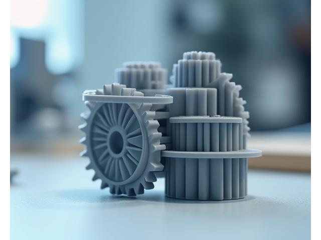 Ein graues FDM/FFF-gedrucktes Funktionsprototyp eines Zahnrads mit sichtbaren Schichten.