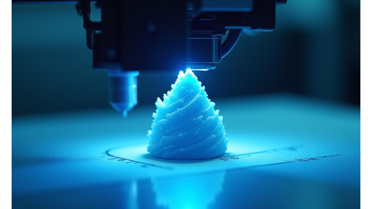 Ein komplexes Bauteil, das auf einer hochmodernen 3D-Drucker-Plattform in Schichten entsteht, im Zeitraffer. Blaue Laserlinien prägen das Material.