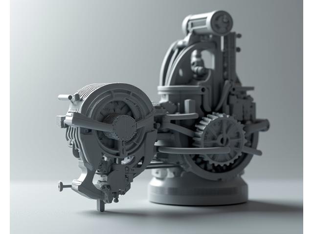 Ein 3D-gedrucktes komplexes mechanisches Getriebe mit präzisen Zahnrädern und beweglichen Achsen, nahaufnahme.