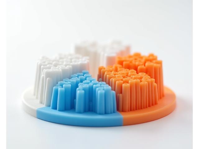 Ein Multi-Material-gedruckter Prototyp, der sowohl starre als auch flexible Komponenten in verschiedenen Farben aufweist.