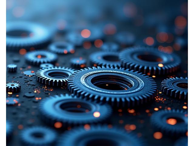 Ein digitales Abstrakt, das miteinander verbundene Zahnräder und Datenpunkte in den Unternehmensfarben zeigt, Symbol für Compliance und reibungslose Datenverwaltung.