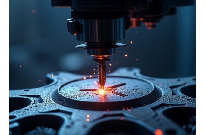 Nahaufnahme eines hochpräzisen CNC-Bearbeitungsgeräts bei der Arbeit an einem Metallbauteil, mit Laserführung und Funkensprühen.