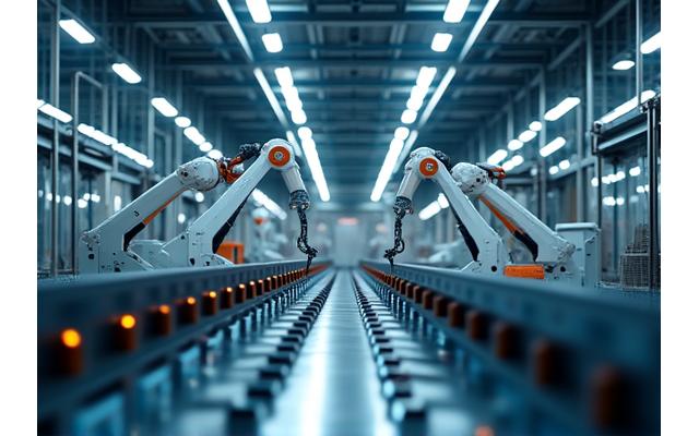 Komplexe, vernetzte Roboterarme in einer vollautomatisierten Produktionsanlage