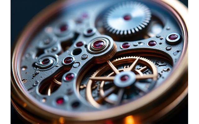 Sehr detailreiche Ansicht eines Uhrwerks mit winzigen Zahnrädern und Federn