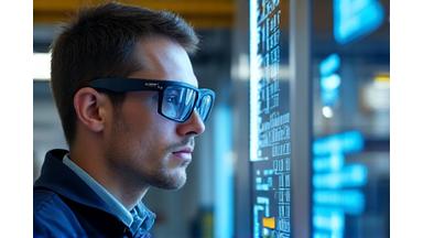 Arbeiter mit AR-Brille vor einem Maschinenpanel