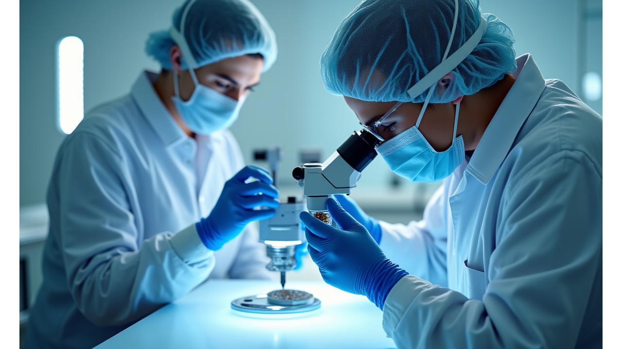 Reinraum-Mitarbeiterin in Schutzkleidung inspiziert Präzisionsmedizintechnik-Komponente unter optimierter Beleuchtung