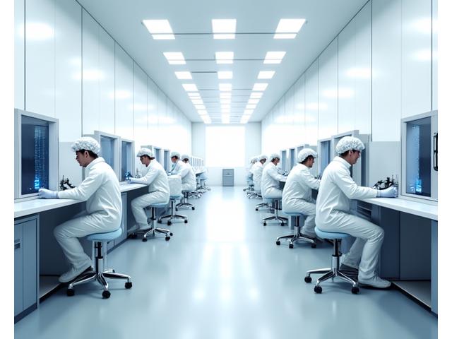Ein hochmoderner Reinraum in einer Präzisionsfertigungsanlage, mit Mitarbeitern in spezieller Reinraumkleidung, die an hochsensiblen Mikro-Komponenten arbeiten. Die Umgebung ist steril und technisch akkurat dargestellt.