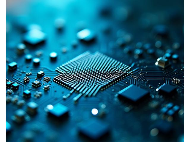 Makroaufnahme einer fortschrittlichen Leiterplatte oder eines Mikochips, der feinste Leiterbahnen und winzige Komponenten zeigt, um die Komplexität und Miniaturisierung moderner Elektronik zu veranschaulichen.