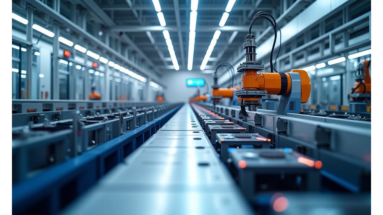 Vollautomatisierte Produktionslinie mit Präzisionsrobotern und Förderbändern am Fließband