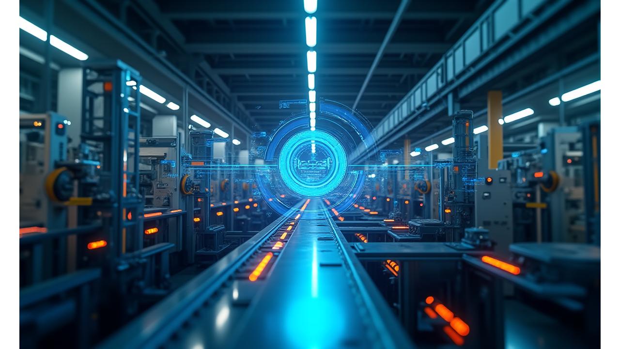 Digitale Darstellung einer vernetzten Fabrik mit Datenströmen und IoT-Symbolen