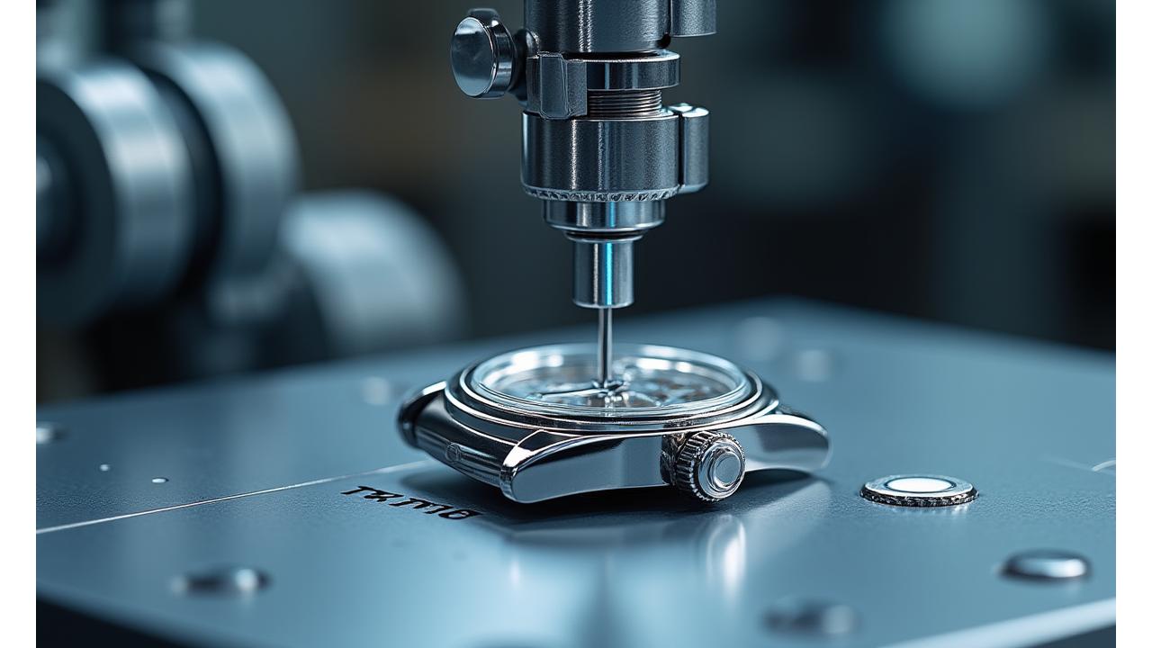 Nahaufnahme einer automatisierten Maschine, die filigrane Uhrengehäuse präzise bearbeitet