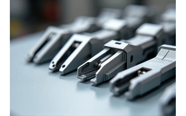 Nahaufnahme verschiedener Roboter-Greiferbacken aus Metall und Kunststoff