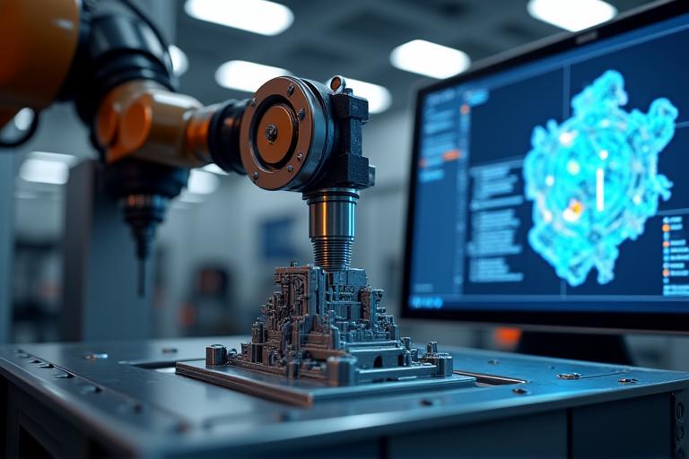 Ein Roboterarm, der ein gefertigtes Bauteil fasst, daneben ein Bildschirm mit CAD-Modell und Live-Tracking