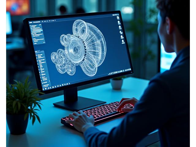 Bildschirm zeigt CAD/CAM-Software mit einem 3D-Modell eines komplizierten Maschinenbauteils