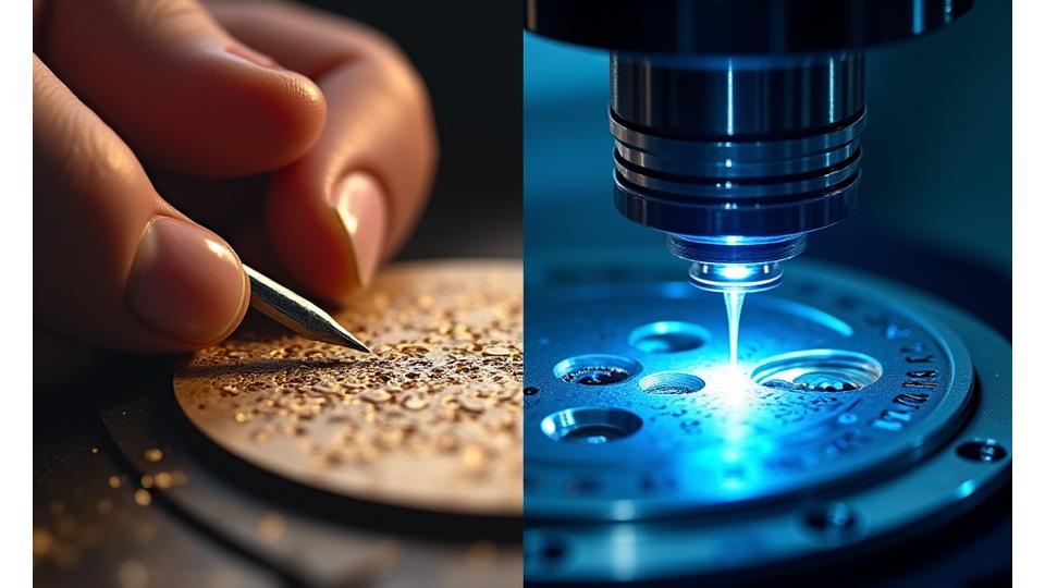 Nebeneinanderstellung: Eine Hand, die eine filigrane Uhrenteil mit einem traditionellen Gravurwerkzeug bearbeitet, daneben eine hochmoderne CNC-Maschine, die mit Laserpräzision Oberflächenstrukturen erzeugt.