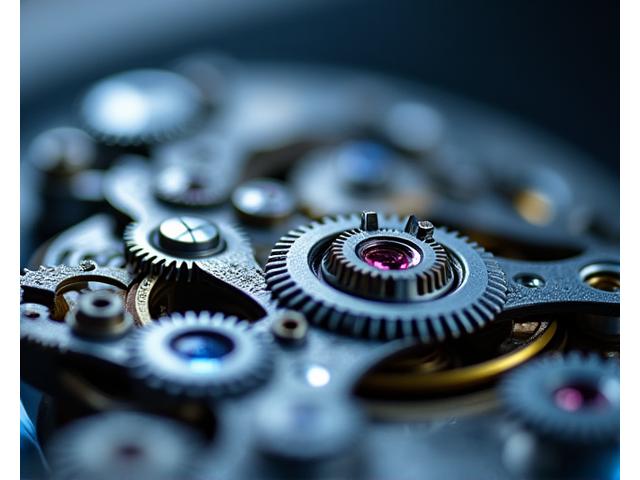 Nahaufnahme von winzigen, perfekt gefrästen Mikro-Zahnrädern und Trieben eines Uhrwerks, unter einem Mikroskop beleuchtet, extrem detailliert.