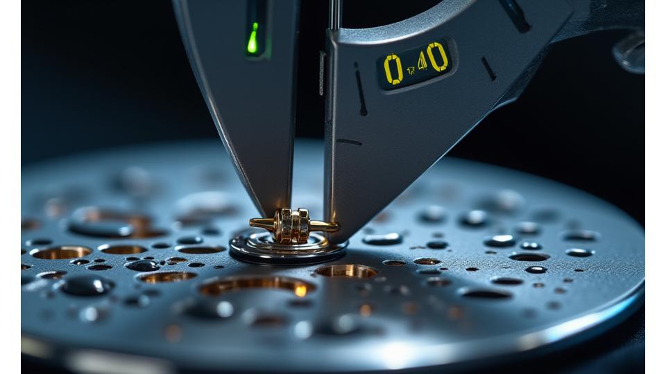 Kritische Messung eines filigranen Uhrwerk-Bauteils unter einem hochpräzisen Mikroskop oder Messgerät, das eine digitale Anzeige von 0.001mm zeigt. Fokus auf das winzige Bauteil und die extreme Präzision.