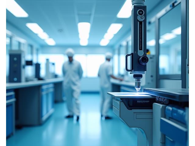 Ein hochmodernes, steriles Kalibrierlabor mit präzisen Messinstrumenten unter weissem Licht, deutet auf maximale Genauigkeit hin.