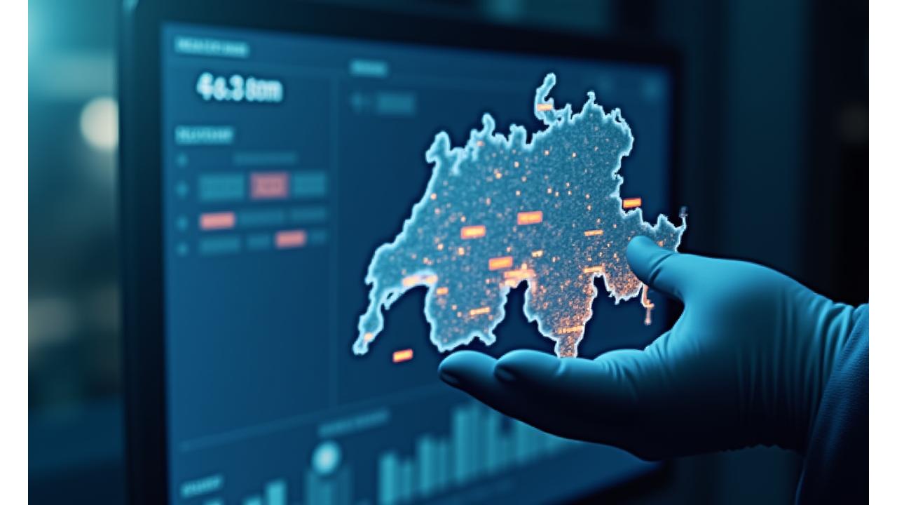 Ein Live-Dashboard zeigt die Echtzeit-Verfügbarkeit von Servicetechnikern in der Schweiz, überlagert von einem stilisierten Umriss der Schweizer Landkarte.